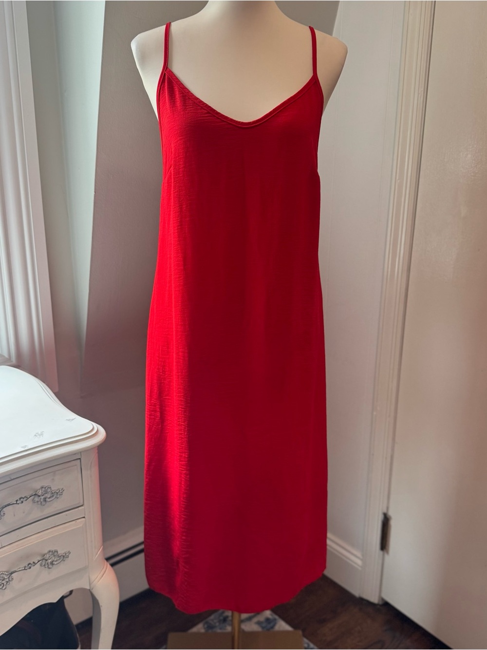 See You Monday Red Slip Dress Satin Look Spaghetti Strap Midi Size Medium